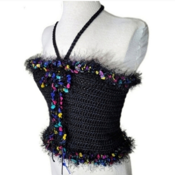 Handcrafted Tops - HANDCRAFTED Top Corsetted Cropped Crochet Black Size M